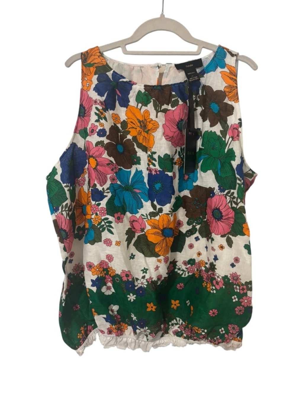 RAIN NWT XL Floral Linen Blend Sleeveless Tank Top Bubble Hem